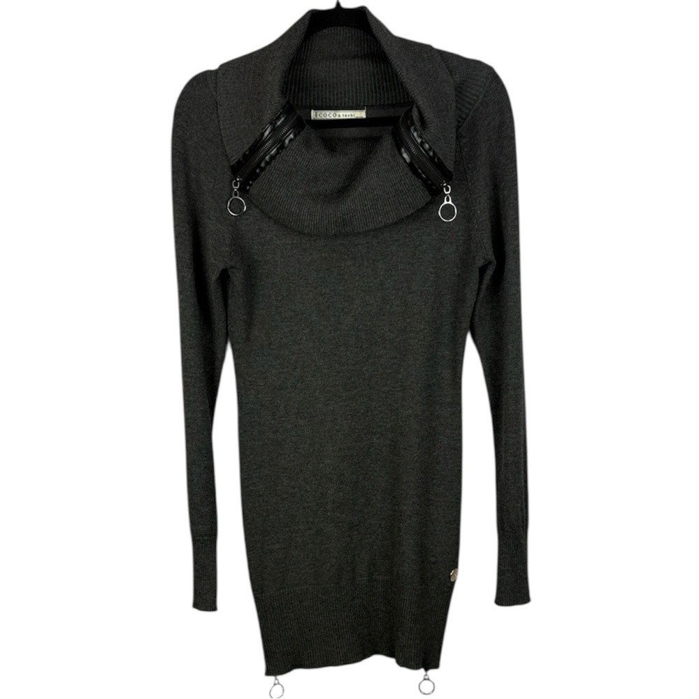 Coco & Tashi Charcoal Grey Zippered Cowl Neck Tunic Sweater - Size P/S